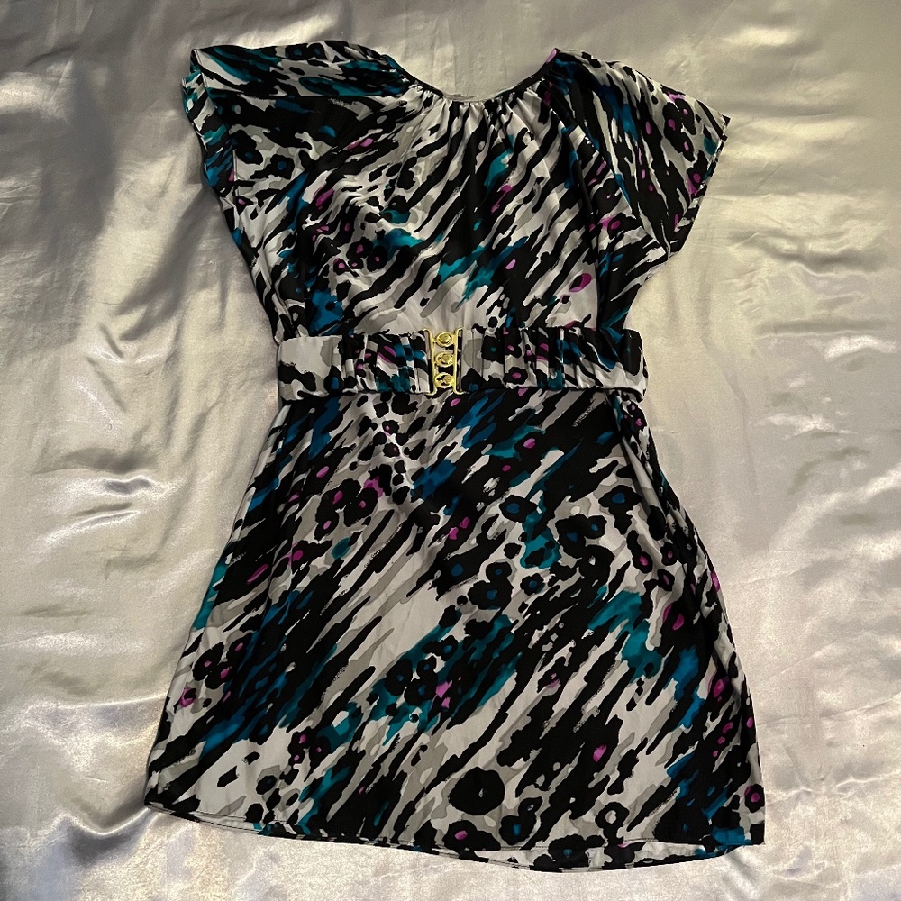 Alice & Trixie Silk Mini Dress With Belt - Gray, Black, Purple and Blue